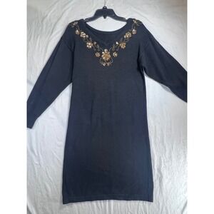 Sarah Morgan Black Knit Sweater Dress Gold Sequin Floral V-Neck Medium